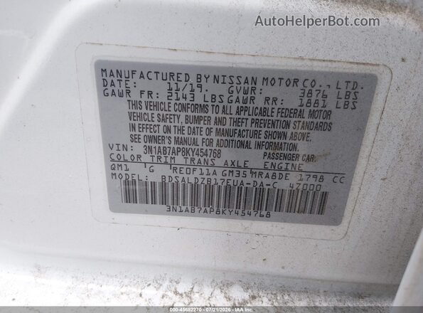 3N1AB7AP8KY454768 2019 NISSAN SENTRA White Engine compartment view