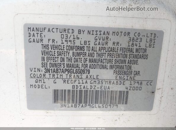 3N1AB7AP9GL650979 2016 NISSAN SENTRA Белый Вид подкапотного пространства