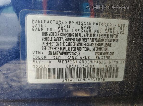 3N1AB7AP9GY215298 2016 NISSAN SENTRA Blue Engine compartment view