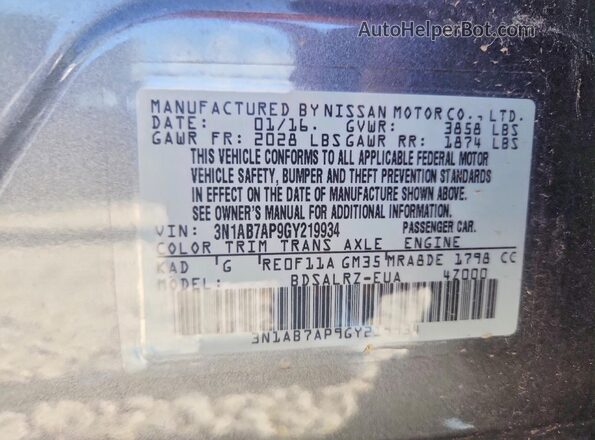 3N1AB7AP9GY219934 2016 NISSAN SENTRA Gray VIN կոդի պիտակի տեսք