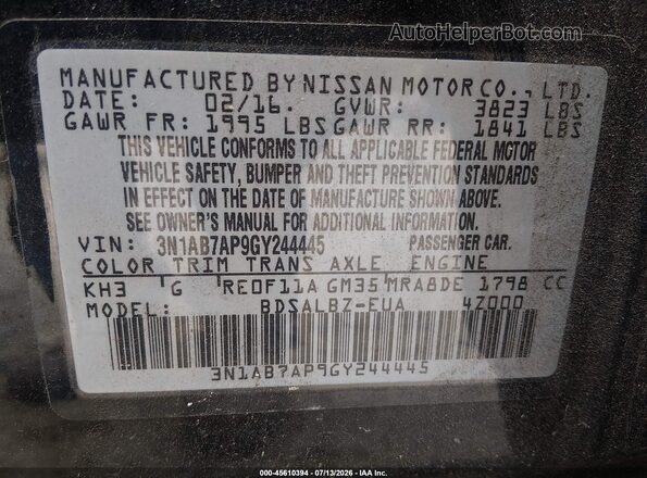 3N1AB7AP9GY244445 2016 NISSAN SENTRA Black ძრავის განყოფილების ხედი