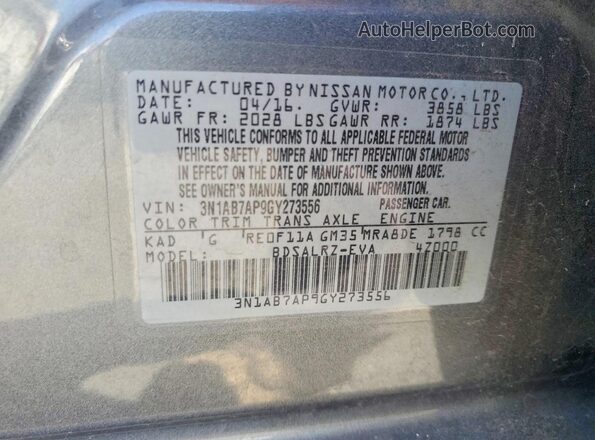 3N1AB7AP9GY273556 2016 NISSAN SENTRA Charcoal ძრავის განყოფილების ხედი