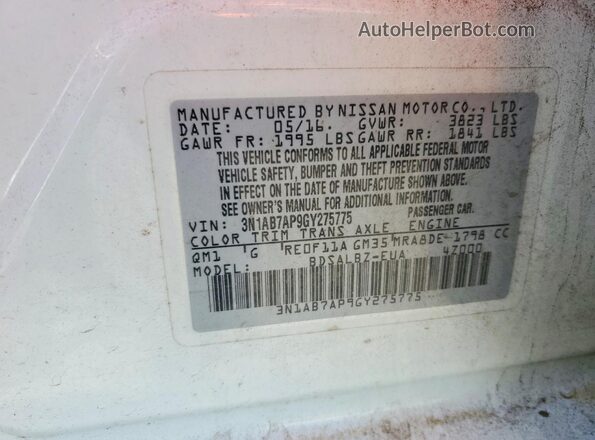 3N1AB7AP9GY275775 2016 NISSAN SENTRA White Вид підкапотного простору