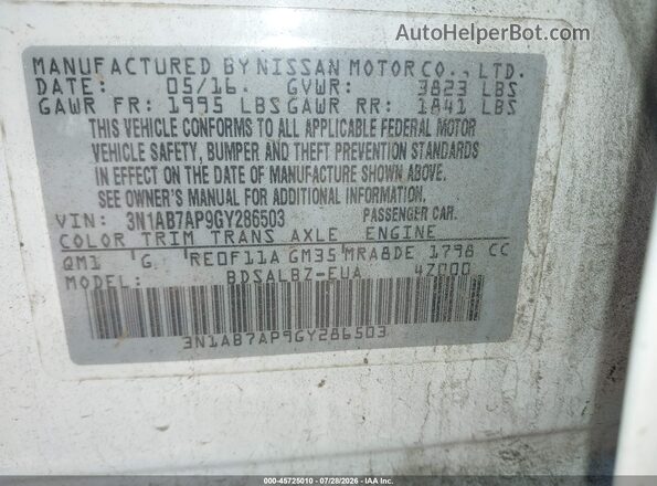 3N1AB7AP9GY286503 2016 NISSAN SENTRA White ძრავის განყოფილების ხედი