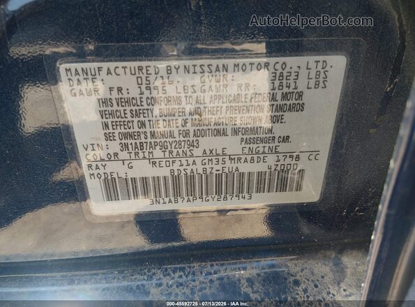 3N1AB7AP9GY287943 2016 NISSAN SENTRA Blue ძრავის განყოფილების ხედი