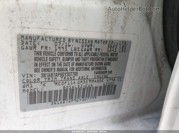 3N1AB7AP9GY307799 2016 NISSAN SENTRA White Engine compartment view
