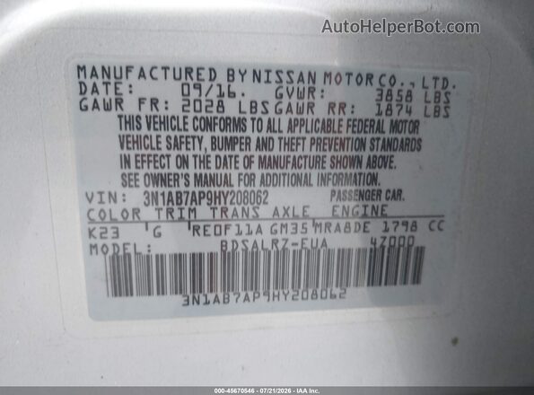 3N1AB7AP9HY208062 2017 NISSAN SENTRA Silver Շարժիչի բաժամունքի տեսք