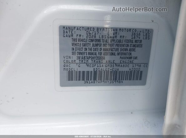 3N1AB7AP9HY359984 2017 NISSAN SENTRA White Engine compartment view