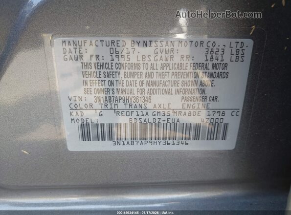 3N1AB7AP9HY361346 2017 NISSAN SENTRA Gray ძრავის განყოფილების ხედი