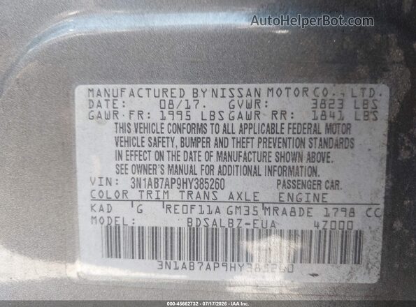 3N1AB7AP9HY385260 2017 NISSAN SENTRA Silver Vista del compartimento del motor