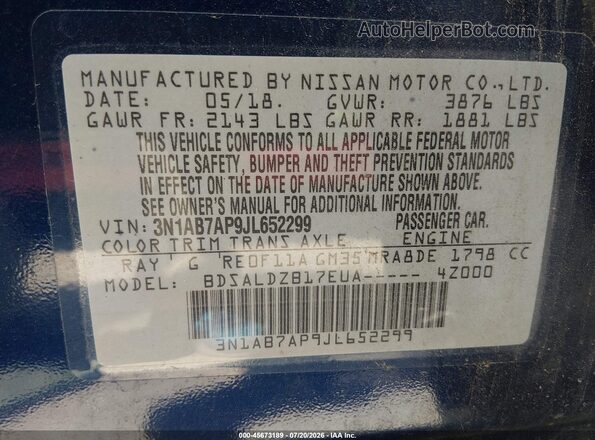 3N1AB7AP9JL652299 2018 NISSAN SENTRA Blue Engine compartment view