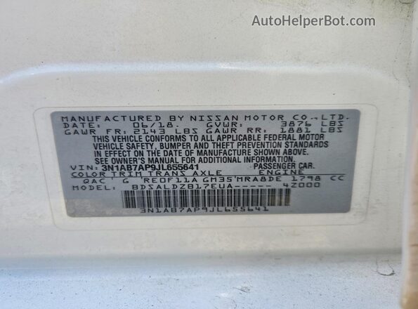 3N1AB7AP9JL655641 2018 NISSAN SENTRA White VIN sticker view