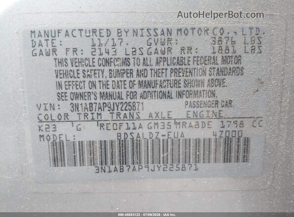 3N1AB7AP9JY225871 2018 NISSAN SENTRA Silver Widok komory silnika