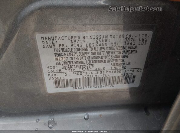 3N1AB7AP9JY242976 2018 NISSAN SENTRA Серый Вид подкапотного пространства