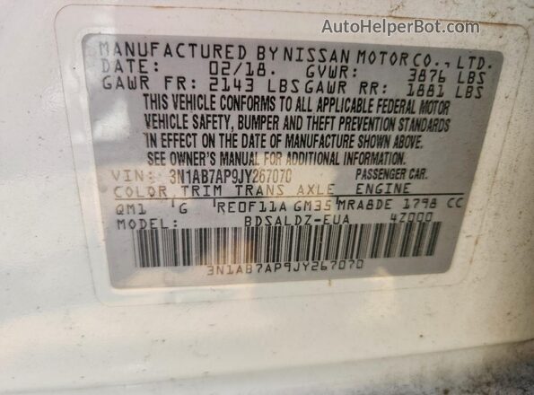 3N1AB7AP9JY267070 2018 NISSAN SENTRA White Вид наклейки з VIN-кодом