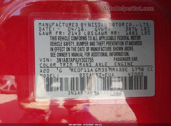 3N1AB7AP9JY302755 2018 NISSAN SENTRA Красный Вид подкапотного пространства