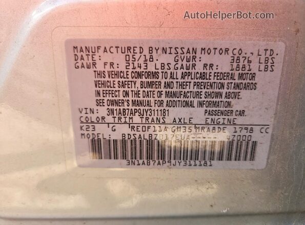 3N1AB7AP9JY311181 2018 NISSAN SENTRA Gray VIN կոդի պիտակի տեսք