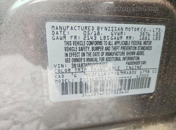 3N1AB7AP9JY315652 2018 NISSAN SENTRA Silver Вид наклейки з VIN-кодом