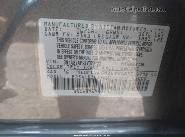 3N1AB7AP9JY323122 2018 NISSAN SENTRA Серый Вид подкапотного пространства