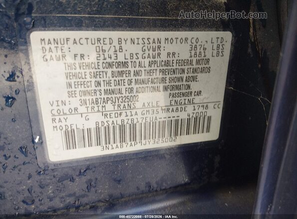 3N1AB7AP9JY325002 2018 NISSAN SENTRA Blue Вид підкапотного простору