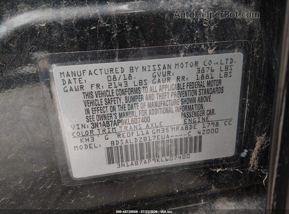 3N1AB7AP9KL607400 2019 NISSAN SENTRA Черный Вид подкапотного пространства