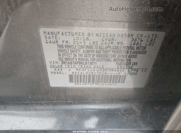 3N1AB7AP9KL611611 2019 NISSAN SENTRA Gray Շարժիչի բաժամունքի տեսք