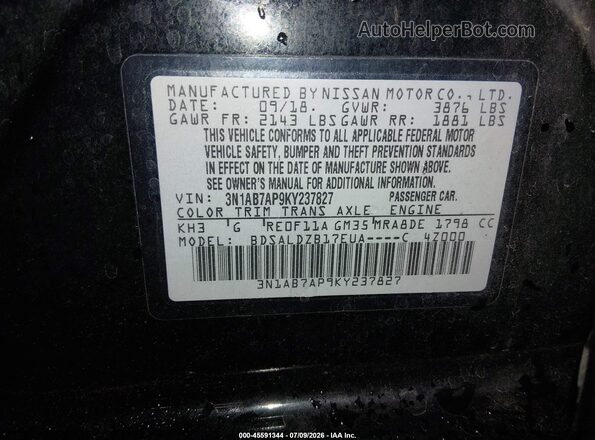 3N1AB7AP9KY237827 2019 NISSAN SENTRA Black Engine compartment view