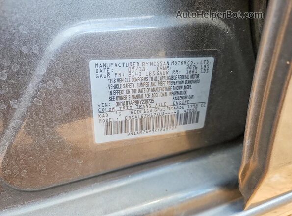 3N1AB7AP9KY238735 2019 NISSAN SENTRA Gray VIN კოდის სტიკერის ხედი