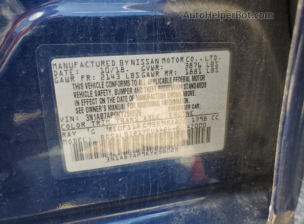 3N1AB7AP9KY258029 2019 NISSAN SENTRA Blue Widok komory silnika