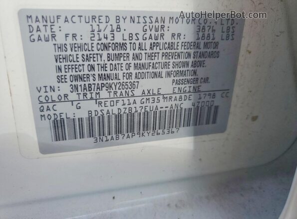 3N1AB7AP9KY265367 2019 NISSAN SENTRA White Vista del compartimento del motor