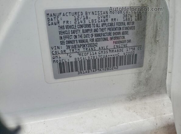 3N1AB7AP9KY280242 2019 NISSAN SENTRA White Շարժիչի բաժամունքի տեսք
