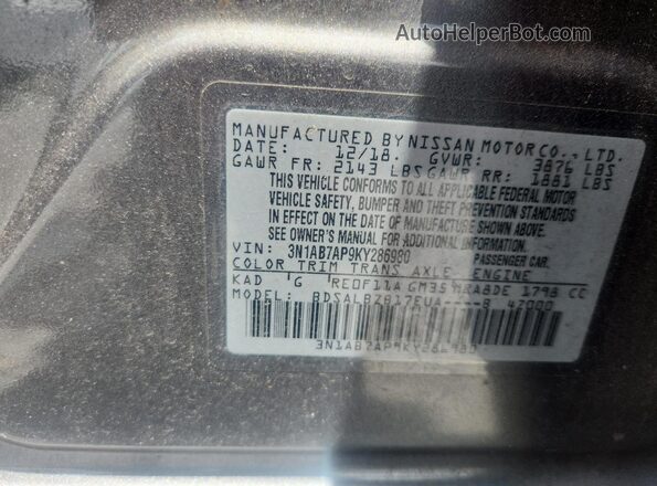 3N1AB7AP9KY286980 2019 NISSAN SENTRA Gray Շարժիչի բաժամունքի տեսք