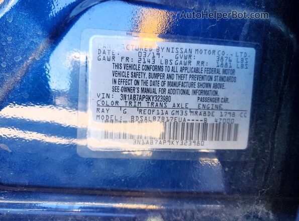 3N1AB7AP9KY323980 2019 NISSAN SENTRA Blue Вид наклейки з VIN-кодом