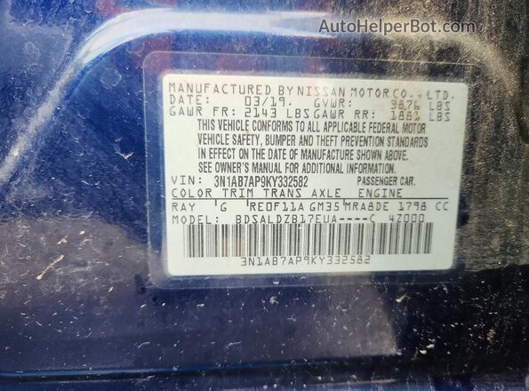 3N1AB7AP9KY332582 2019 NISSAN SENTRA Blue VIN կոդի պիտակի տեսք