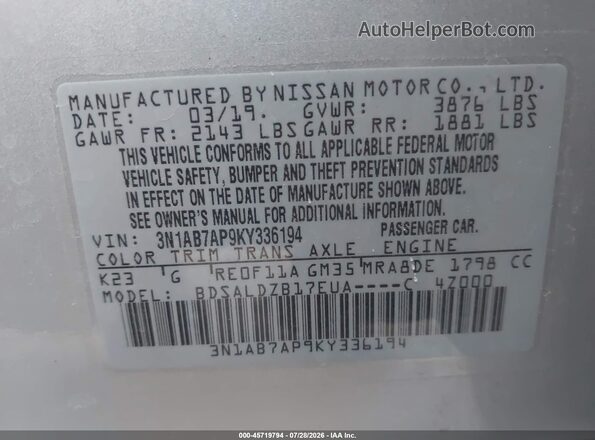 3N1AB7AP9KY336194 2019 NISSAN SENTRA Silver Вид підкапотного простору