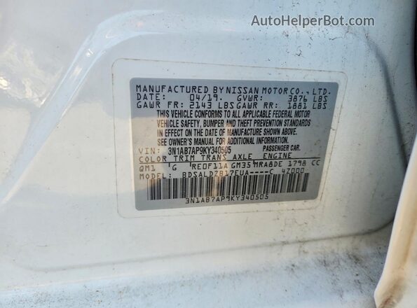 3N1AB7AP9KY340505 2019 NISSAN SENTRA Белый Вид подкапотного пространства