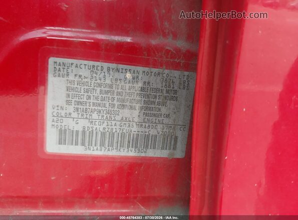 3N1AB7AP9KY345302 2019 NISSAN SENTRA Red ძრავის განყოფილების ხედი