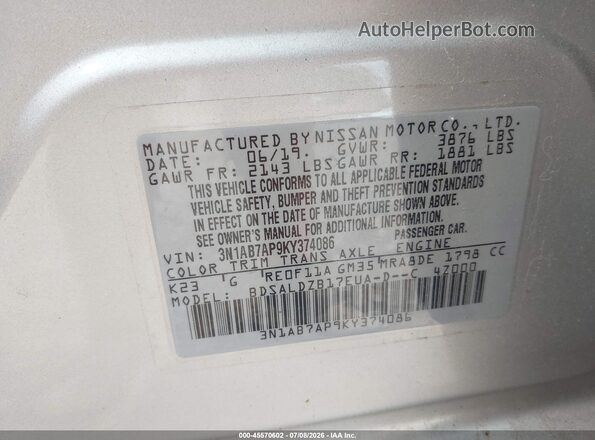 3N1AB7AP9KY374086 2019 NISSAN SENTRA Silver ძრავის განყოფილების ხედი
