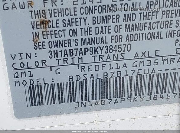 3N1AB7AP9KY384570 2019 NISSAN SENTRA White Vista del compartimento del motor