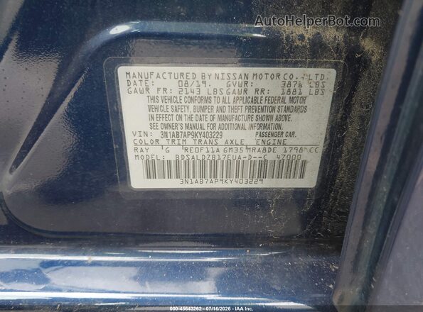 3N1AB7AP9KY403229 2019 NISSAN SENTRA Dark Blue Engine compartment view
