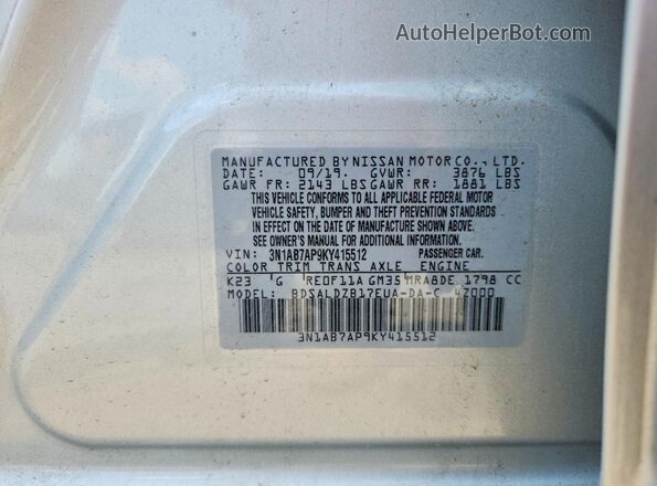 3N1AB7AP9KY415512 2019 NISSAN SENTRA Silver Vista de la etiqueta del VIN