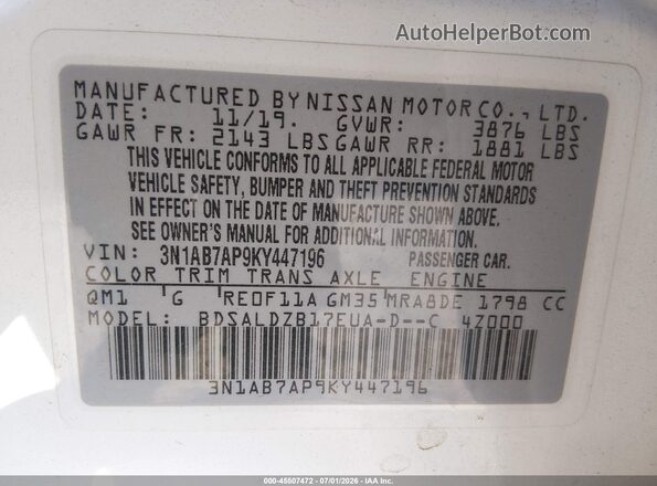 3N1AB7AP9KY447196 2019 NISSAN SENTRA White Вид підкапотного простору