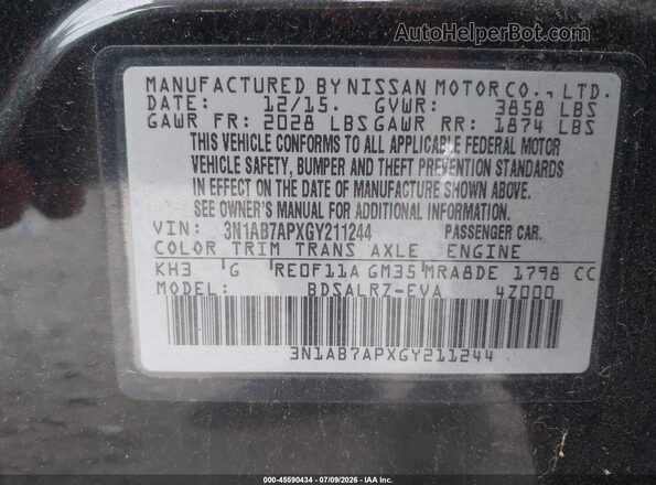 3N1AB7APXGY211244 2016 NISSAN SENTRA Black Engine compartment view