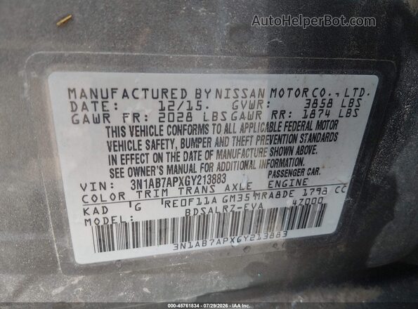 3N1AB7APXGY213883 2016 NISSAN SENTRA Gray Engine compartment view