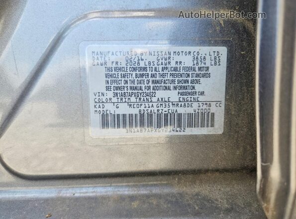 3N1AB7APXGY234622 2016 NISSAN SENTRA Gray Вид підкапотного простору