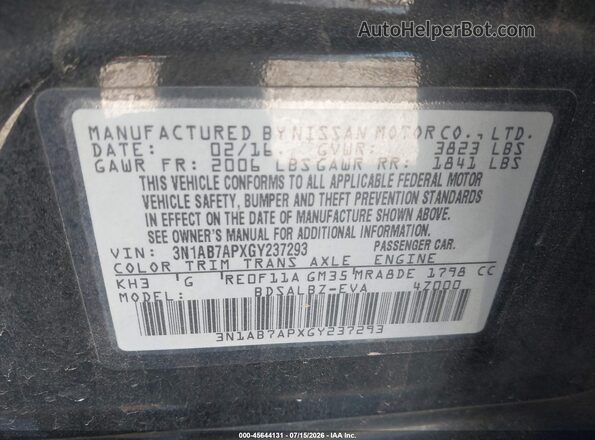 3N1AB7APXGY237293 2016 NISSAN SENTRA Black Вид підкапотного простору