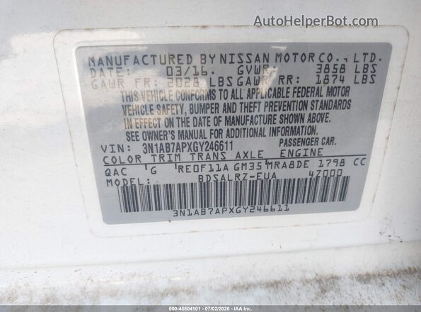 3N1AB7APXGY246611 2016 NISSAN SENTRA Белый Вид подкапотного пространства
