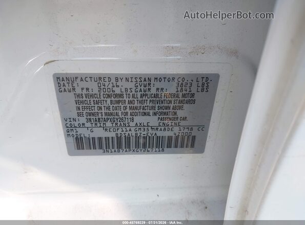 3N1AB7APXGY267118 2016 NISSAN SENTRA White Widok komory silnika