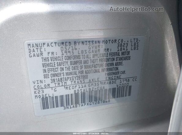 3N1AB7APXGY287868 2016 NISSAN SENTRA Серебряный Вид подкапотного пространства