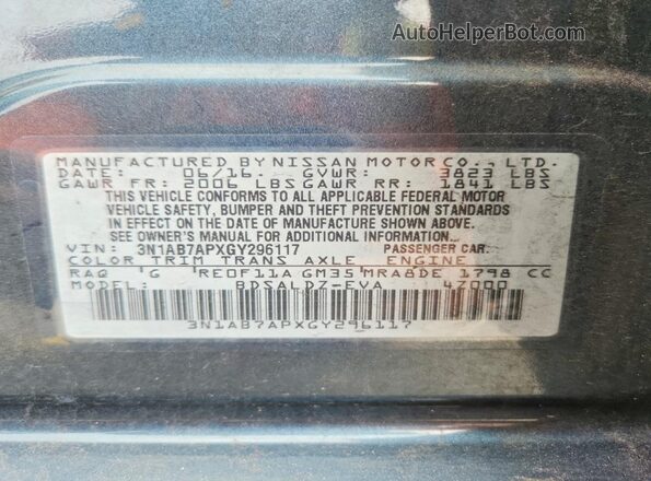 3N1AB7APXGY296117 2016 NISSAN SENTRA Blue ძრავის განყოფილების ხედი